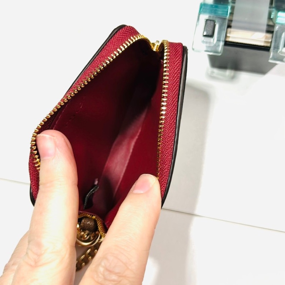 COACH Zip ID Card Case With Gold Chain Strap Red/Tan Color Leather Mini Wallet - Picture 4 of 4